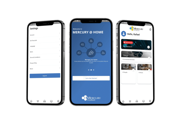 mobile phone app screens showing mercury @ home menus most popular features