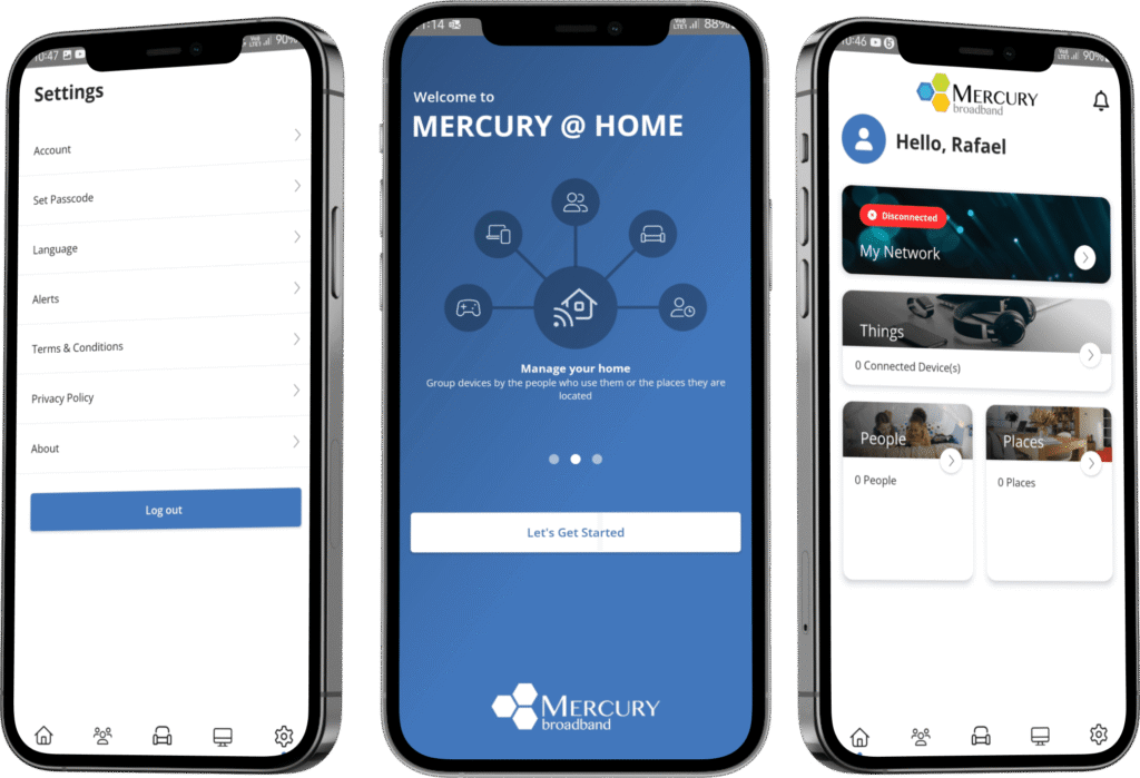 mobile phone app screens showing mercury @ home menus most popular features