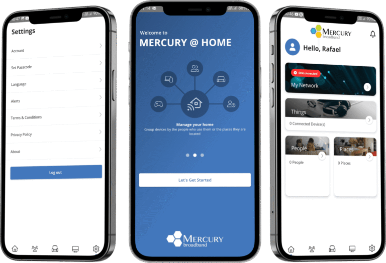 mobile phone app screens showing mercury @ home menus most popular features